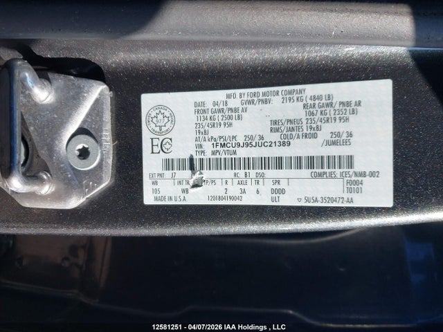 Продажа на аукционе авто 2018 Ford Escape Titanium, vin: 1FMCU9J95JUC21389, номер лота: 12581251