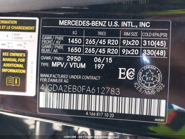 Aukcja sprzedaży 2015 Mercedes-benz Ml 350 Bluetec, vin: 4JGDA2EB0FA612783, numer aukcji: 12581256