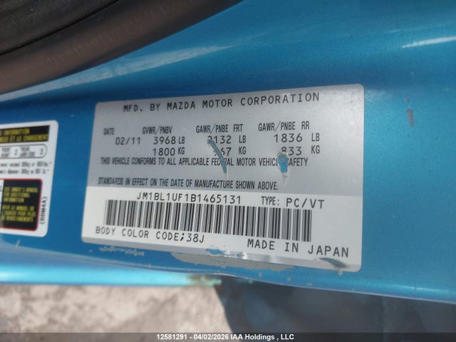 12581291 :رقم المزاد ، JM1BL1UF1B1465131 vin ، 2011 Mazda 3 I مزاد بيع
