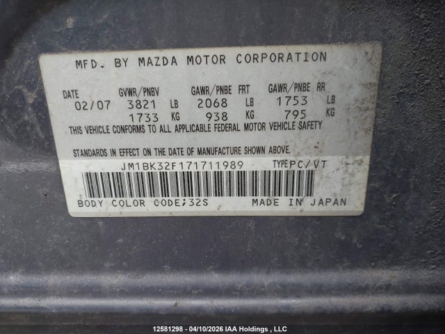 Aukcja sprzedaży 2007 Mazda 3 I, vin: JM1BK32F171711989, numer aukcji: 12581298