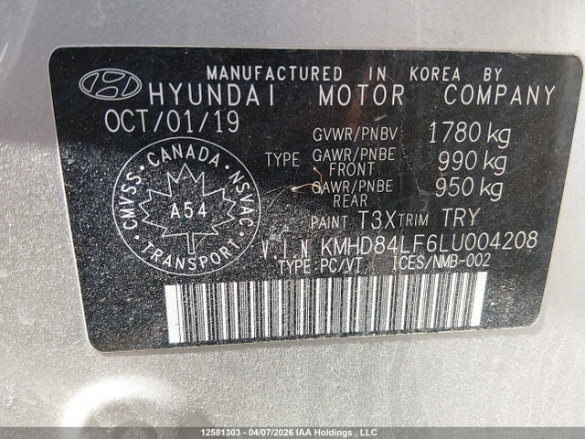 12581303 :رقم المزاد ، KMHD84LF6LU004208 vin ، 2020 Hyundai Elantra مزاد بيع
