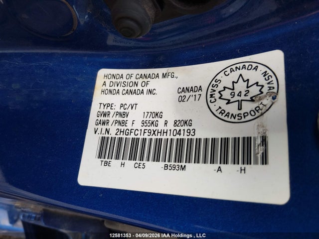 2HGFC1F9XHH104193 Honda Civic Touring