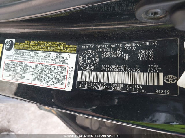 12581380 :رقم المزاد ، 4T1BK46K77U553469 vin ، 2007 Toyota Camry Le V6/se V6/xle V6 مزاد بيع
