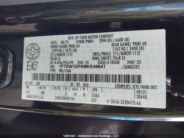 1FTEW1EP6MKE49841 Ford F150 Supercrew