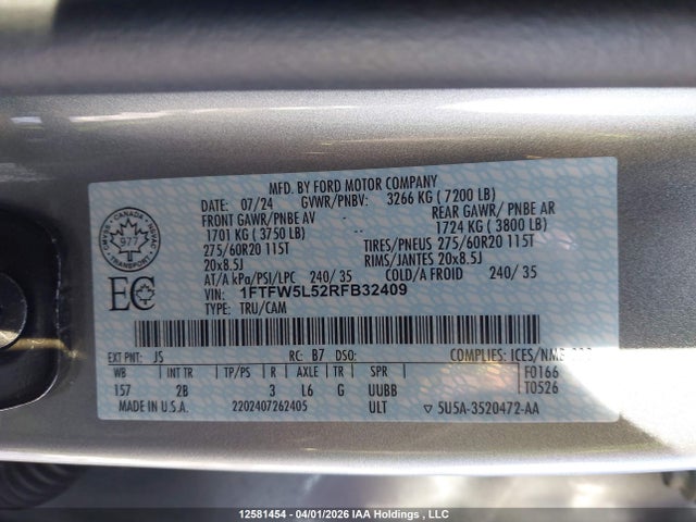 Aukcja sprzedaży 2024 Ford F150 Lariat, vin: 1FTFW5L52RFB32409, numer aukcji: 12581454