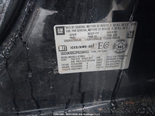 2015 Chevrolet Silverado 1500 1lz/2lz მანქანა იყიდება აუქციონზე, vin: 3GCUKSEC2FG334903, აუქციონის ნომერი: 12581455