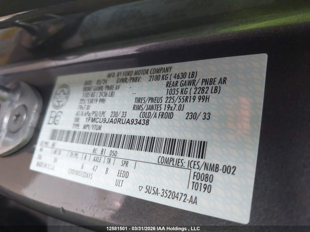 12581501 :رقم المزاد ، 1FMCU9JA0RUA93438 vin ، 2024 Ford Escape Platinum مزاد بيع