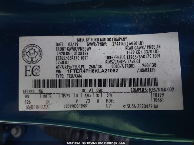 Продажа на аукционе авто 2019 Ford Ranger Xl/xlt/lariat, vin: 1FTER4FH8KLA21082, номер лота: 12581592