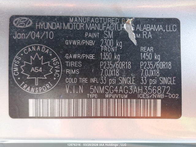 Продажа на аукционе авто 2010 Hyundai Santa Fe Gl 3.5 Sport, vin: 5NMSG4AG3AH356872, номер лота: 12576316
