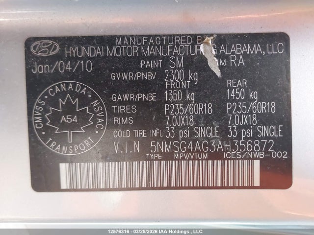Продажа на аукционе авто 2010 Hyundai Santa Fe Gl 3.5 Sport, vin: 5NMSG4AG3AH356872, номер лота: 12576316