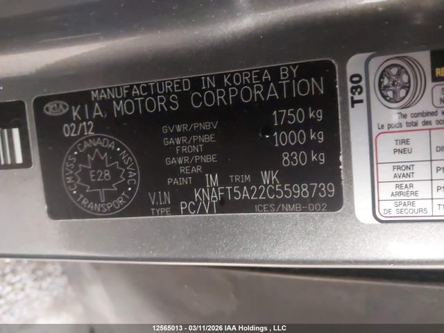 12565013 :رقم المزاد ، KNAFT5A22C5598739 vin ، 2012 Kia Forte5 2.0l Lx مزاد بيع