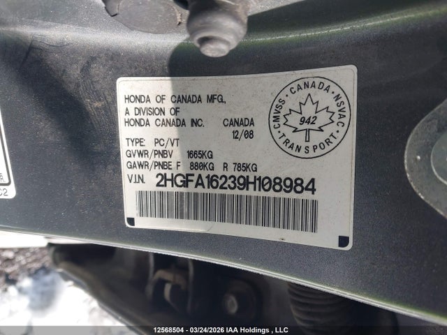 12568504 :رقم المزاد ، 2HGFA16239H108984 vin ، 2009 Honda Civic Dx/dx-a مزاد بيع