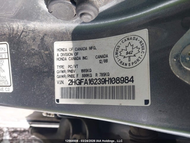 12568504 :رقم المزاد ، 2HGFA16239H108984 vin ، 2009 Honda Civic Dx/dx-a مزاد بيع