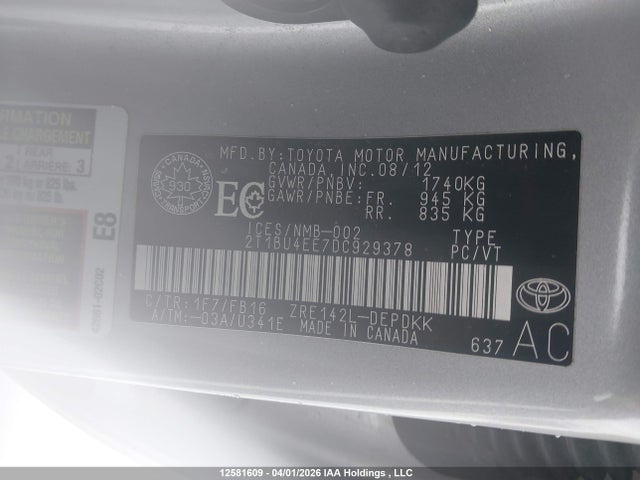 2013 Toyota Corolla Ce მანქანა იყიდება აუქციონზე, vin: 2T1BU4EE7DC929378, აუქციონის ნომერი: 12581609