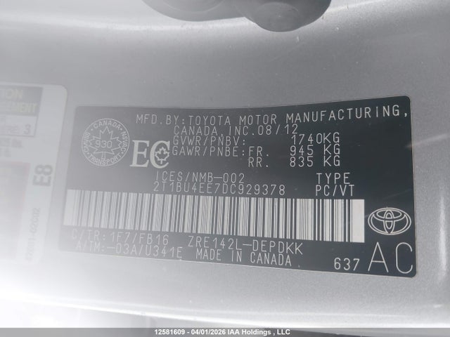2013 Toyota Corolla Ce მანქანა იყიდება აუქციონზე, vin: 2T1BU4EE7DC929378, აუქციონის ნომერი: 12581609