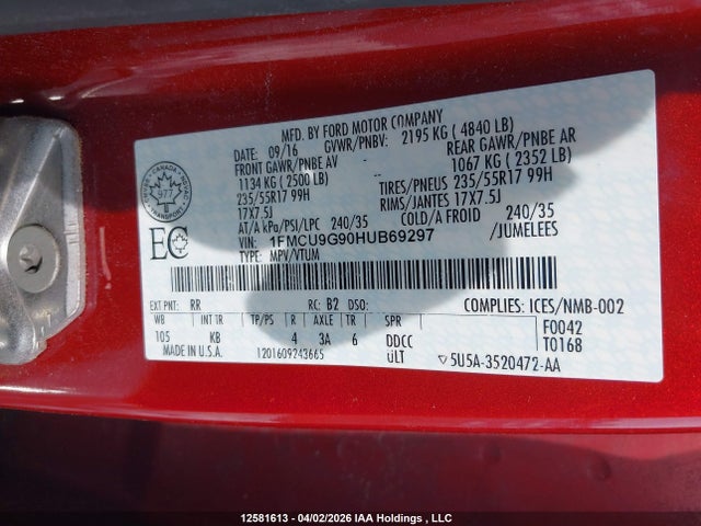 1FMCU9G90HUB69297 Ford ESCAPE SE