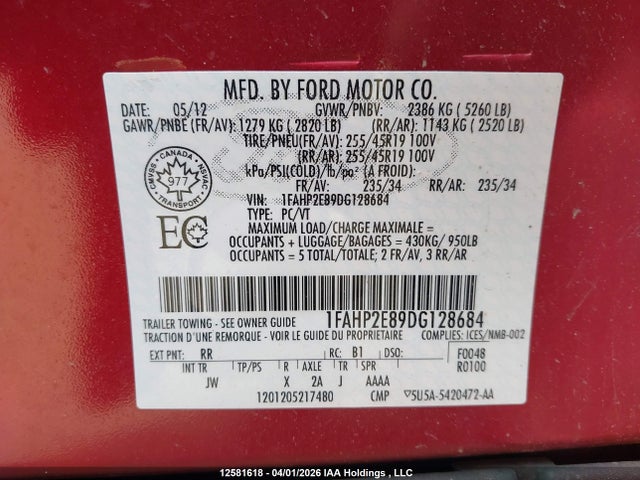 Продаж на аукціоні авто 2013 Ford Taurus Sel, vin: 1FAHP2E89DG128684, номер лоту: 12581618
