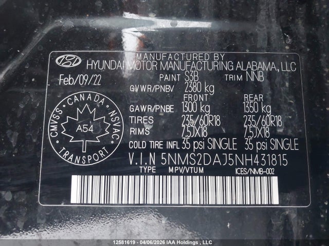 Продаж на аукціоні авто 2022 Hyundai Santa Fe Essential Awd, vin: 5NMS2DAJ5NH431815, номер лоту: 12581619