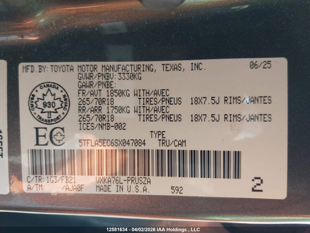 2025 Toyota Tundra Sr5 4x4 მანქანა იყიდება აუქციონზე, vin: 5TFLA5EC6SX047084, აუქციონის ნომერი: 12581634