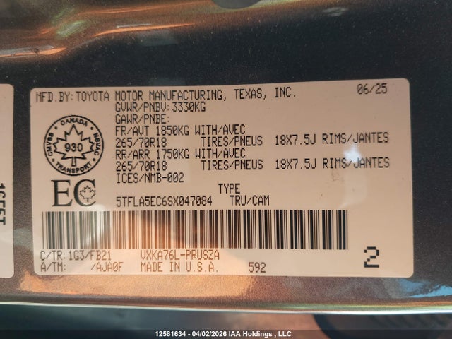 2025 Toyota Tundra Sr5 4x4 მანქანა იყიდება აუქციონზე, vin: 5TFLA5EC6SX047084, აუქციონის ნომერი: 12581634