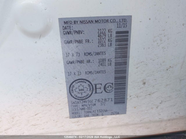 5N1AT2MV3GC762871 Nissan Rogue S/sl Premium/sv