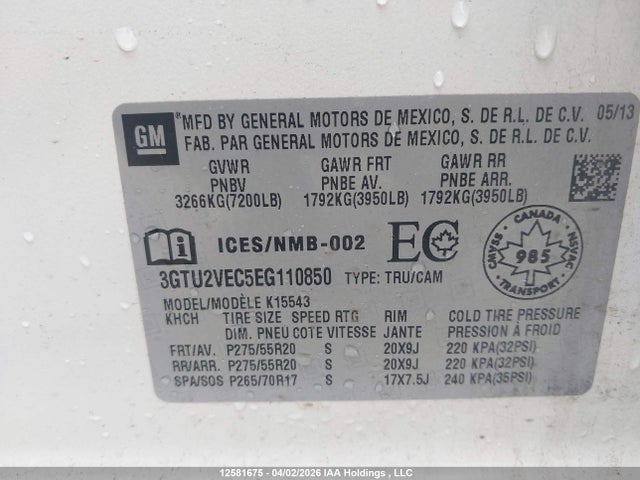Aukcja sprzedaży 2014 Gmc Sierra K1500 Slt, vin: 3GTU2VEC5EG110850, numer aukcji: 12581675