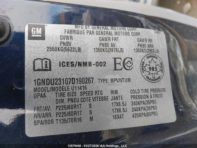 Продаж на аукціоні авто 2007 Chevrolet Uplander Ls, vin: 1GNDU23107D190267, номер лоту: 12579440