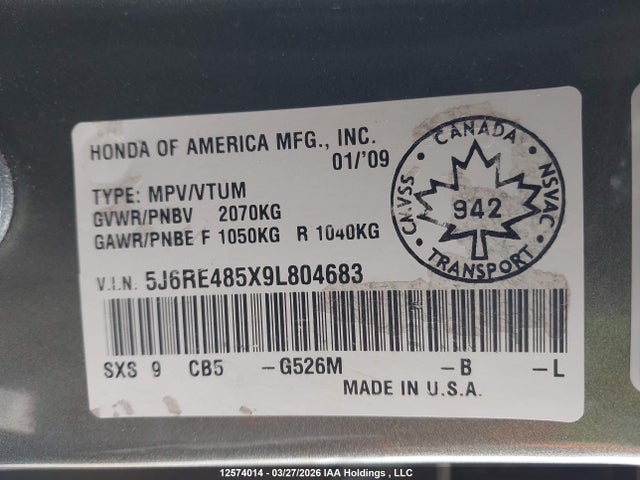 12574014 :رقم المزاد ، 5J6RE485X9L804683 vin ، 2009 Honda Cr-v Ex مزاد بيع