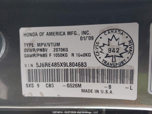 12574014 :رقم المزاد ، 5J6RE485X9L804683 vin ، 2009 Honda Cr-v Ex مزاد بيع