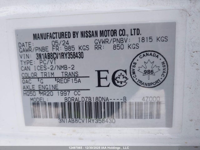 12497865 :رقم المزاد ، 3N1AB8CV1RY358430 vin ، 2024 Nissan Sentra Sv مزاد بيع