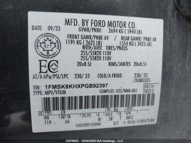 12476823 :رقم المزاد ، 1FMSK8KHXPGB92397 vin ، 2023 Ford Explorer St-line مزاد بيع