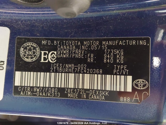 2T1BURHE7FC420368 Toyota Corolla L/le/le Pls/prm/s/s Pls