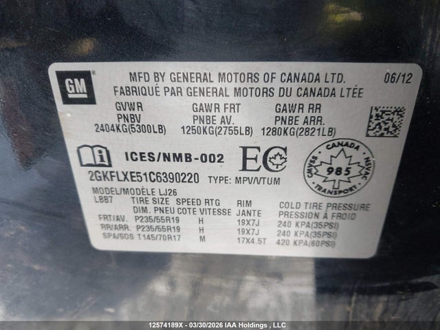 12574189 :رقم المزاد ، 2GKFLXE51C6390220 vin ، 2012 Gmc Terrain Slt-2 مزاد بيع