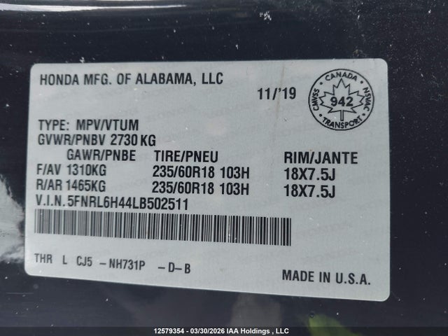 5FNRL6H44LB502511 Honda ODYSSEY EX