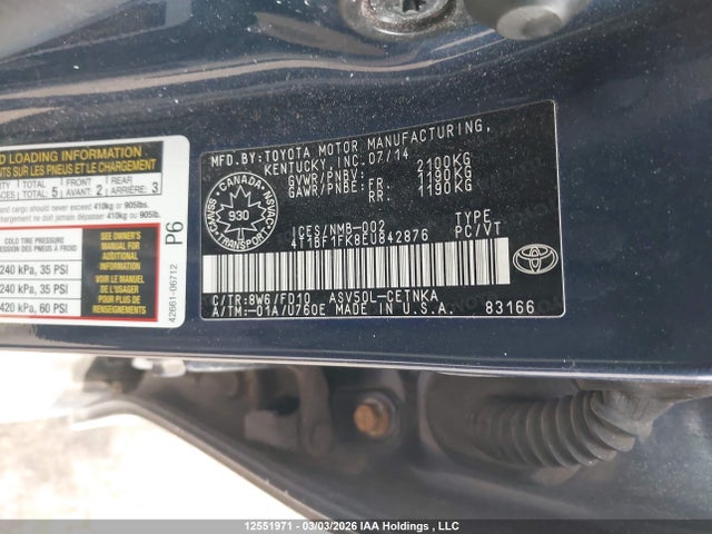 12551971 :رقم المزاد ، 4T1BF1FK8EU842876 vin ، 2014 Toyota Camry Le مزاد بيع