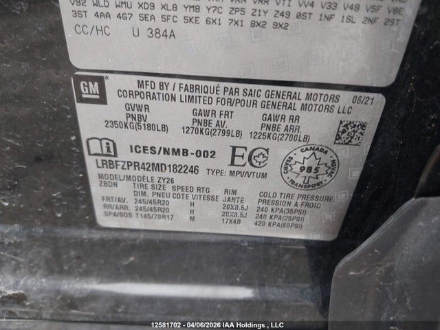 Aukcja sprzedaży 2021 Buick Envision, vin: LRBFZPR42MD182246, numer aukcji: 12581702