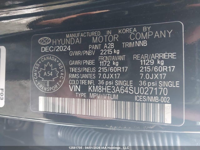 12581705 :رقم المزاد ، KM8HE3A64SU027170 vin ، 2025 Hyundai Kona Limited مزاد بيع