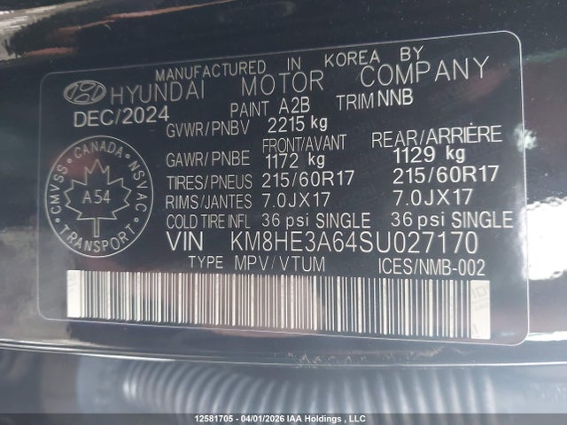 12581705 :رقم المزاد ، KM8HE3A64SU027170 vin ، 2025 Hyundai Kona Limited مزاد بيع