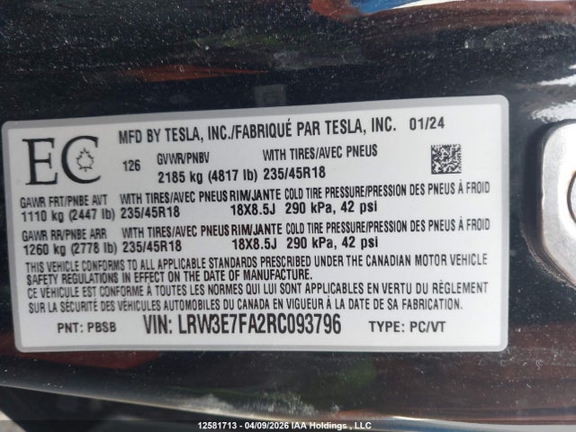 Продаж на аукціоні авто 2024 Tesla Model 3 Rwd, vin: LRW3E7FA2RC093796, номер лоту: 12581713