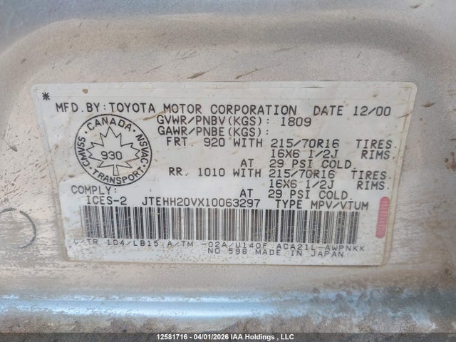 12581716 :رقم المزاد ، JTEHH20VX10063297 vin ، 2001 Toyota Rav4 مزاد بيع