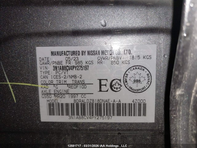 3N1AB8CV4PY275197 Nissan SENTRA SV