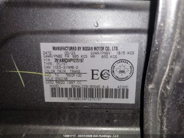 3N1AB8CV4PY275197 Nissan SENTRA SV