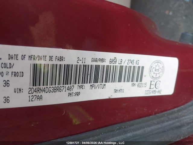 Продаж на аукціоні авто 2011 Dodge Grand Caravan Se/sxt, vin: 2D4RN4DG3BR671407, номер лоту: 12581721