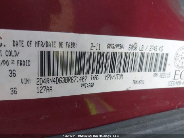 Продаж на аукціоні авто 2011 Dodge Grand Caravan Se/sxt, vin: 2D4RN4DG3BR671407, номер лоту: 12581721