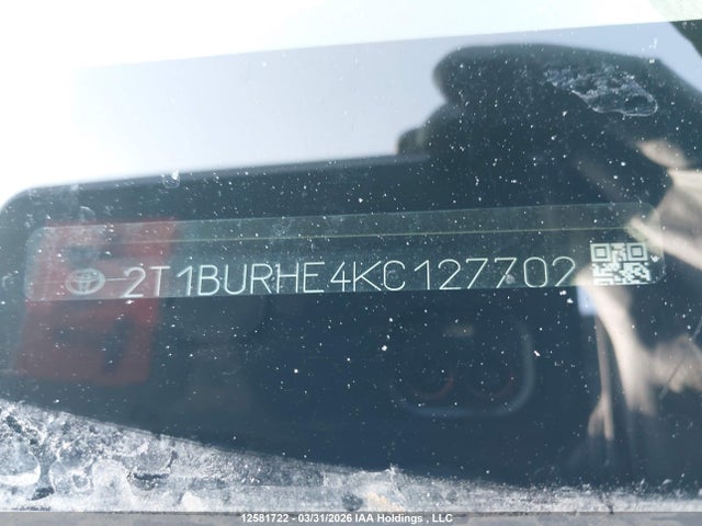 12581722 :رقم المزاد ، 2T1BURHE4KC127702 vin ، 2019 Toyota Corolla L/le/xle/se/xse مزاد بيع
