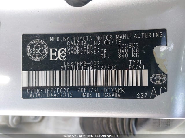 12581722 :رقم المزاد ، 2T1BURHE4KC127702 vin ، 2019 Toyota Corolla L/le/xle/se/xse مزاد بيع