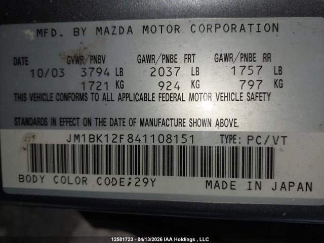 2004 Mazda 3 I მანქანა იყიდება აუქციონზე, vin: JM1BK12F841108151, აუქციონის ნომერი: 12581723