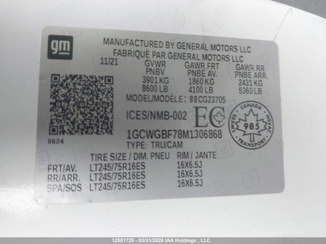 1GCWGBF78M1306868 Chevrolet Express 2500 Work Van
