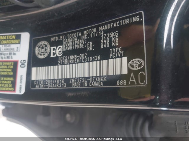 2015 Toyota Corolla L/le/le Pls/prm/s/s Pls მანქანა იყიდება აუქციონზე, vin: 2T1BURHE6FC310136, აუქციონის ნომერი: 12581737