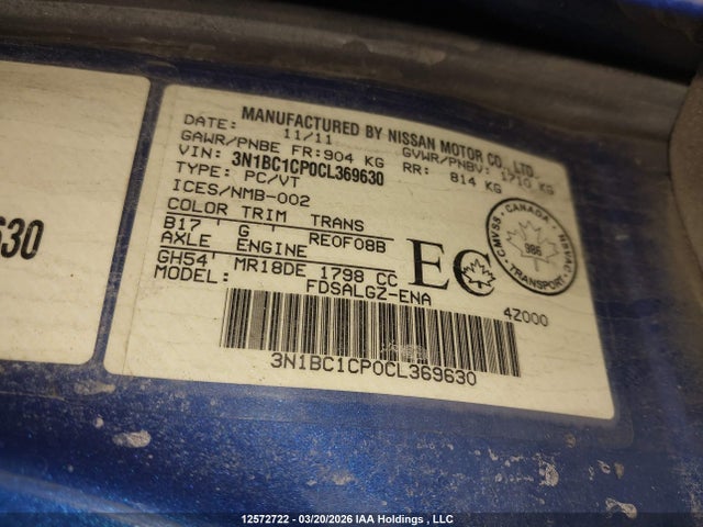 12572722 :رقم المزاد ، 3N1BC1CP0CL369630 vin ، 2012 Nissan Versa 1.8 Sl مزاد بيع